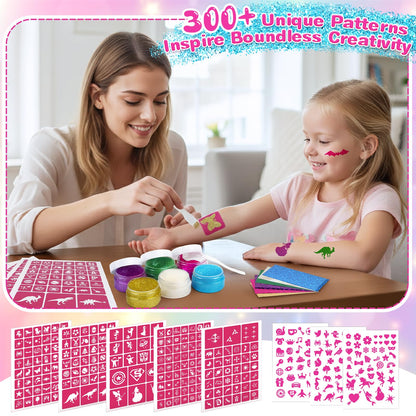 Dreamon Temporary Glitter Tattoo Kit – 6 Colors, 325 Stencils, No-Mess Gel