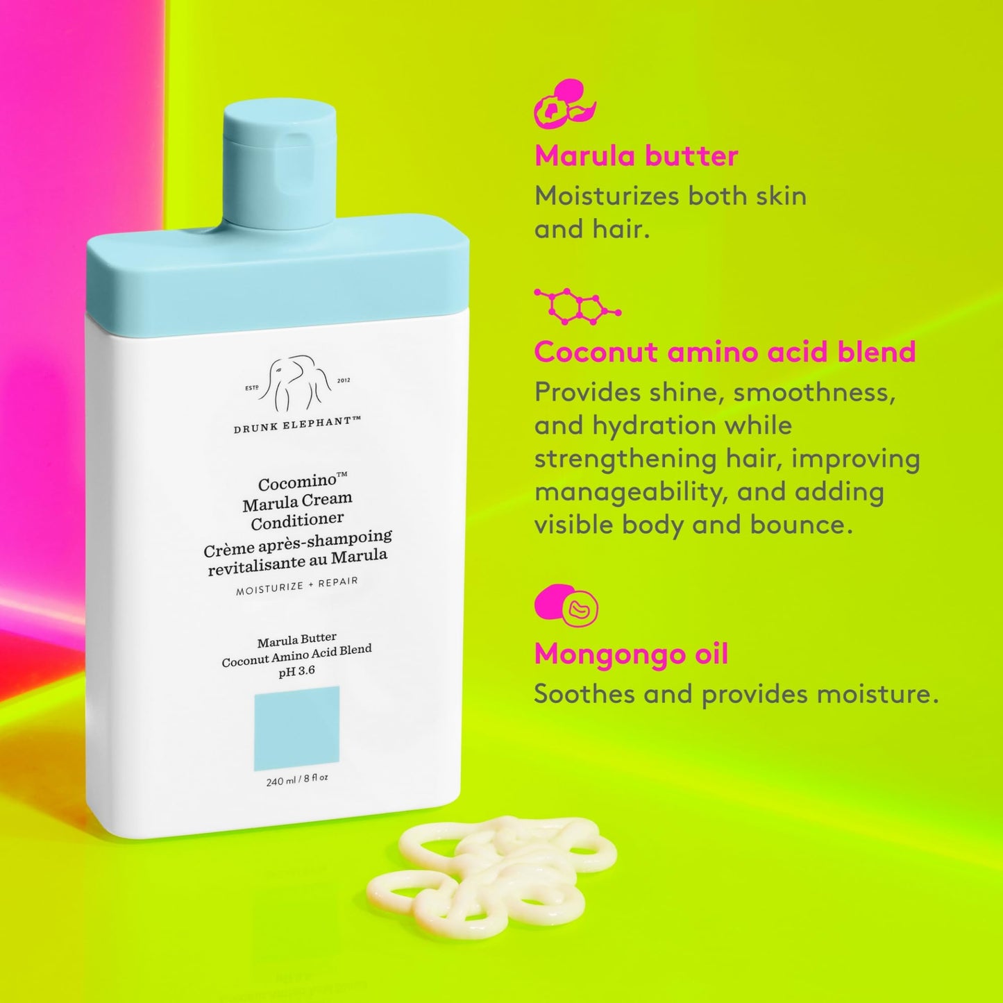 Drunk Elephant Cocomino Marula Cream Conditioner – 240 ml / 8 fl oz | Sulfate-Free, Color-Safe, Cruelty-Free