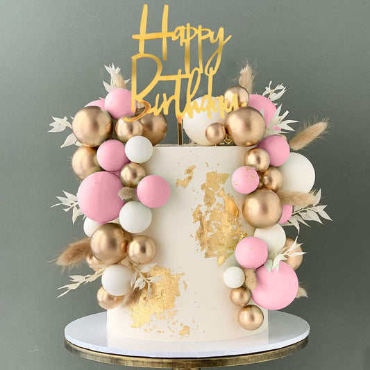 DRWATE Pink Balls Cake Topper – Boho Grass Topper with Pink White Gold Balls for Weddings & Birthdays