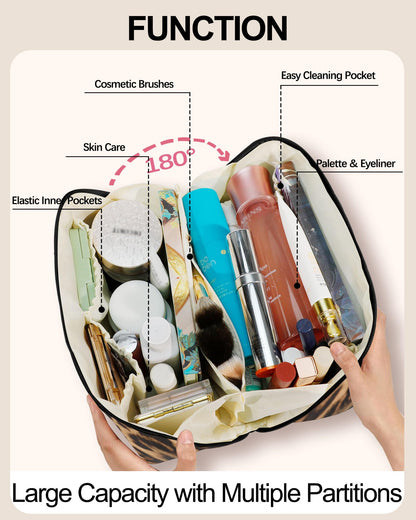 DSDCDJ Travel Makeup Bag - Large Open-Flat Organizer, Leopard Waterproof Leather