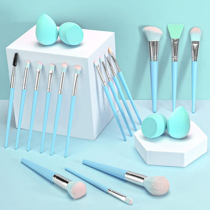 DUAIU 16pcs Professional Makeup Brush Set with Premium Synthetic Brushes & Sponges – Blue