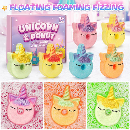 Duchong Unicorn Donut Bath Bombs — 6-Pack with Surprise Toys for Girls 4-8