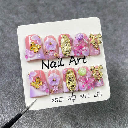 Duck Handmade Press-On Nails Purple-White Gradient | 3D Flower, Lollipop & Bow Design (10pcs)