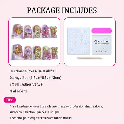 Duck Handmade Press-On Nails — Purple White Gradient with 3D Flower, Lollipop & Bow Design