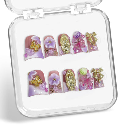 Duck Handmade Press-On Nails — Purple White Gradient with 3D Flower, Lollipop & Bow Design