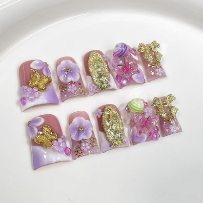 Duck Handmade Press-On Nails Purple-White Gradient | 3D Flower, Lollipop & Bow Design (10pcs)