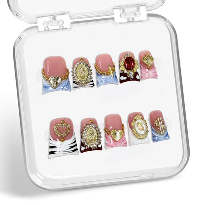 Duck Press on Nails – Handmade 3D Gold Embossed Rhinestone Short Nails with Gradient French Tip