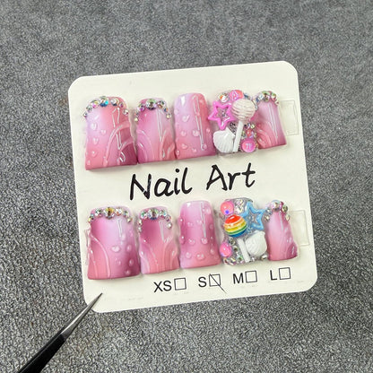 Duck Press on Nails – Handmade Short Press-On Nails with 3D Lollipop & Stars (S)