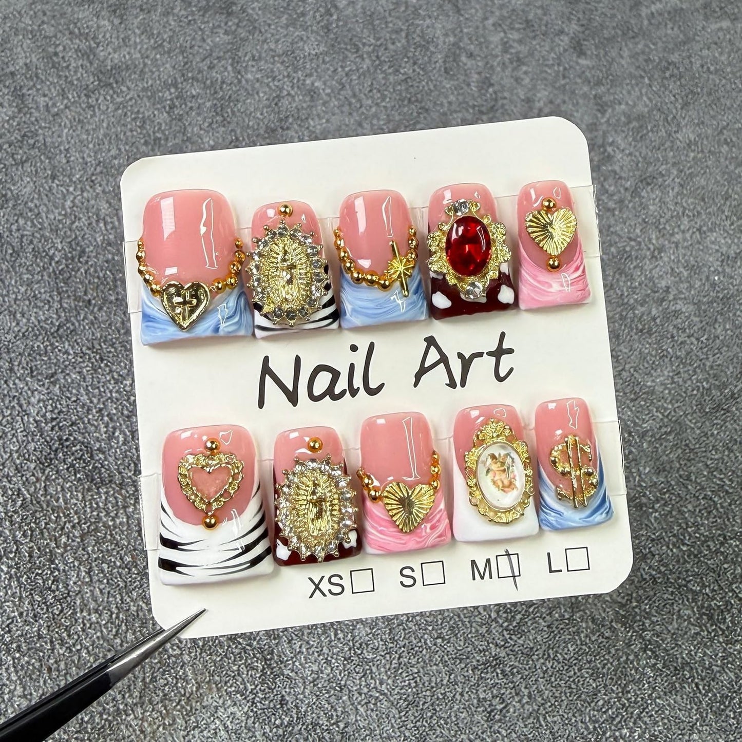 Duck Press on Nails – Handmade 3D Gold Embossed Rhinestone Short Nails (Size S)