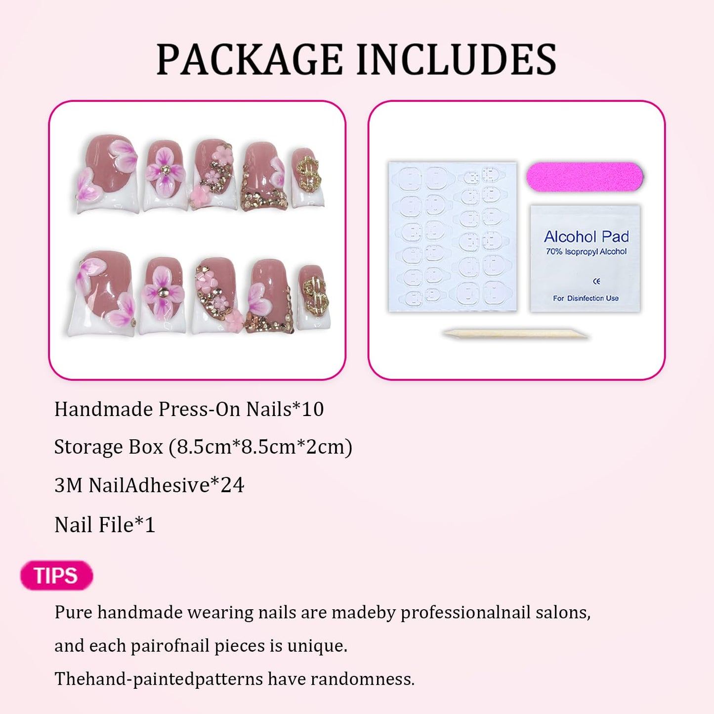 Duckbill Shape Press-on Nails 3D Flower – White French Tips with Golden Rhinestones (10pcs)