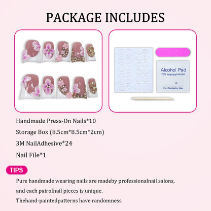 Duckbill Shape Press-on Nails 3D Flower – White French Tips with Golden Rhinestones (10pcs)
