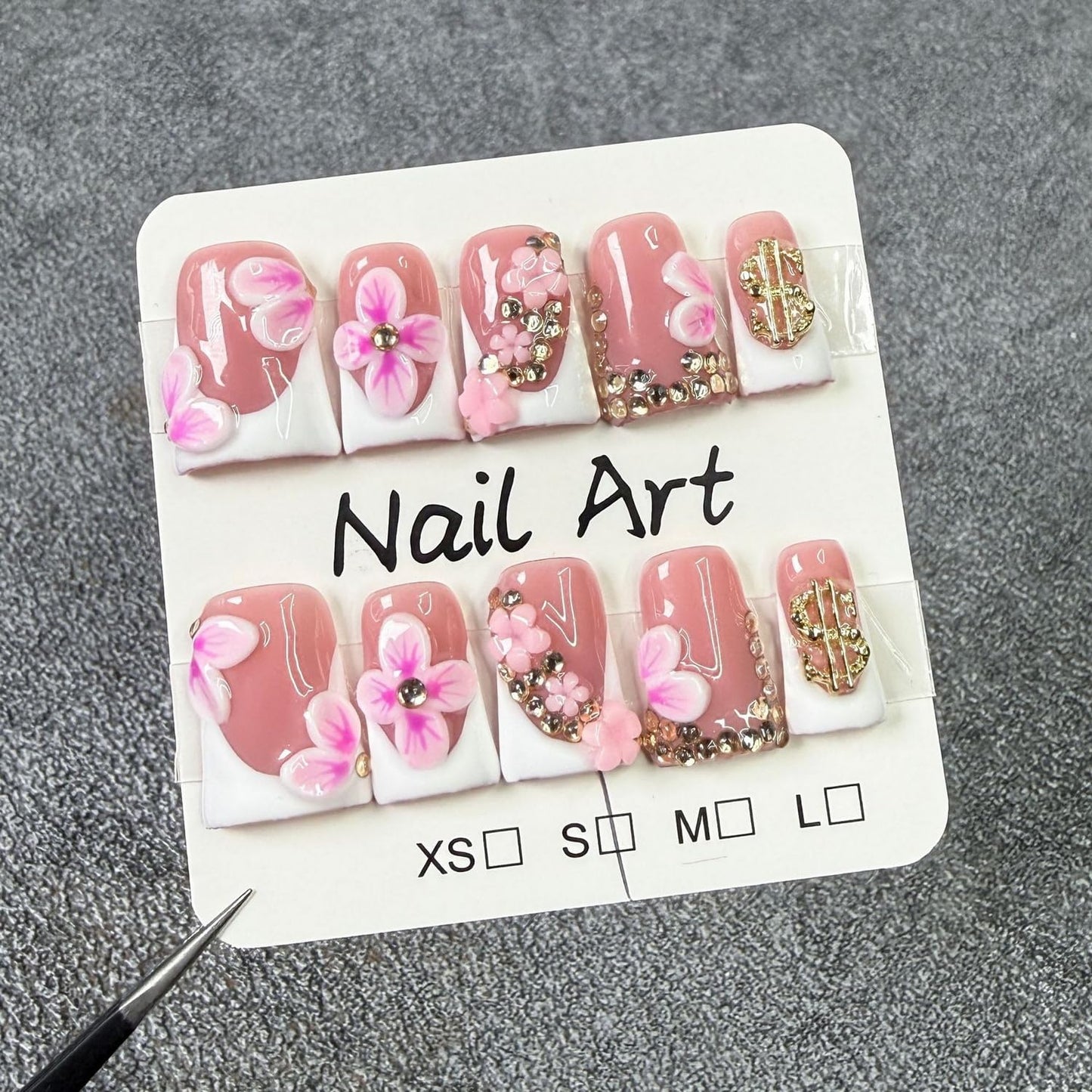 Duckbill Shape Press-on Nails 3D Flower – White French Tips with Golden Rhinestones (10pcs)