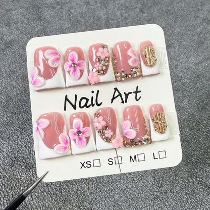 Duckbill Shape Press On Nails 3D Flower – White French Tips with Gold Rhinestones | Short Acrylic Nails (S)