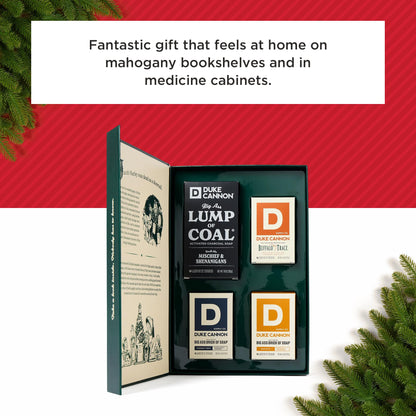 Duke Cannon Lump of Coal Gift Set - 10 oz Bar + 3 Junior Bars (American Bourbon, Sawtooth, Midnight Swim)