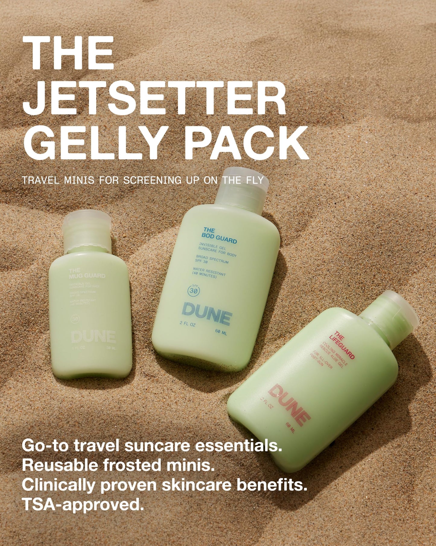 Jetsetter Gelly Mini Travel Sunscreen Kit — 72-Hour Hydration & Aloe Rescue Gel | DUNE SUNCARE