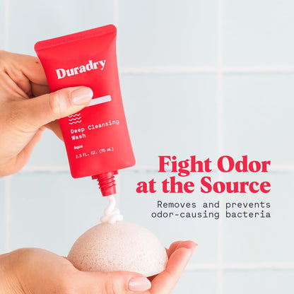 Duradry Deodorizing Body Wash for Women and Men - All-Day Odor Protection, Deep Cleansing, and Skin Moisturization | Aqua Fragrance | Travel-Size 2.5 Fl Oz (Pack of 3)