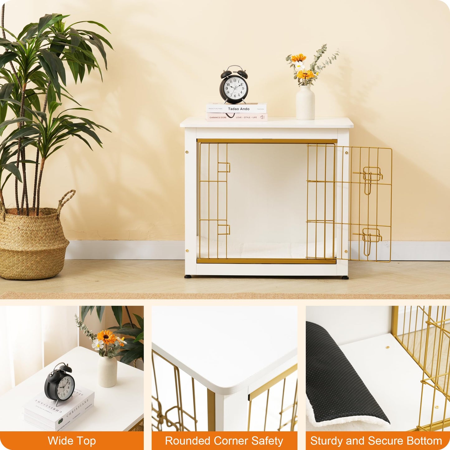 Dwanton Dog Crate Furniture with Cushion — White Wooden Kennel Table, Double Doors, 27.2-inch L