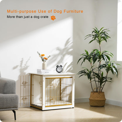 Dwanton Dog Crate Furniture with Cushion — White Wooden Kennel Table, Double Doors, 27.2-inch L