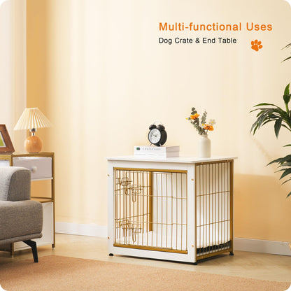Dwanton Dog Crate Furniture with Cushion — White Wooden Kennel Table, Double Doors, 27.2-inch L