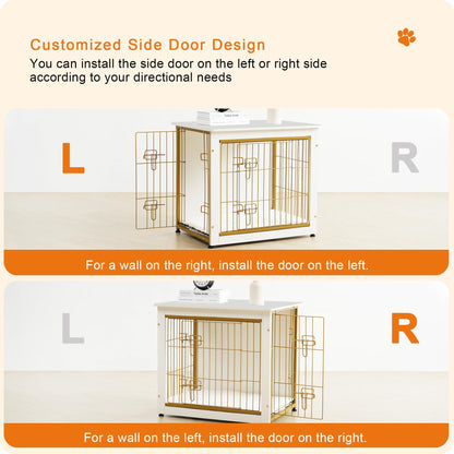 Dwanton Dog Crate Furniture with Cushion — White Wooden Kennel Table, Double Doors, 27.2-inch L