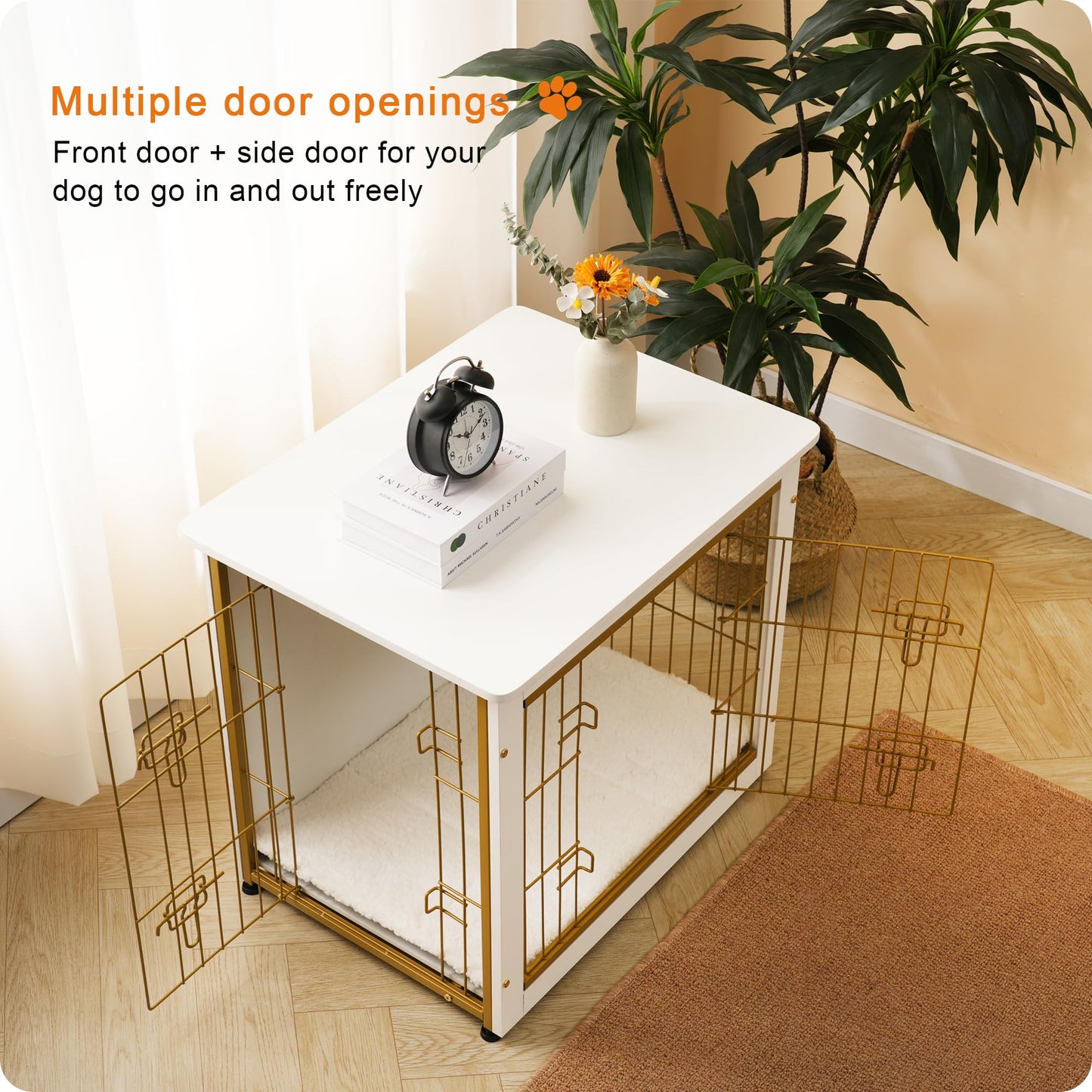 Dwanton Dog Crate Furniture with Cushion — White Wooden Kennel Table, Double Doors, 27.2-inch L
