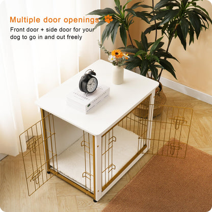 Dwanton Dog Crate Furniture with Cushion — White Wooden Kennel Table, Double Doors, 27.2-inch L