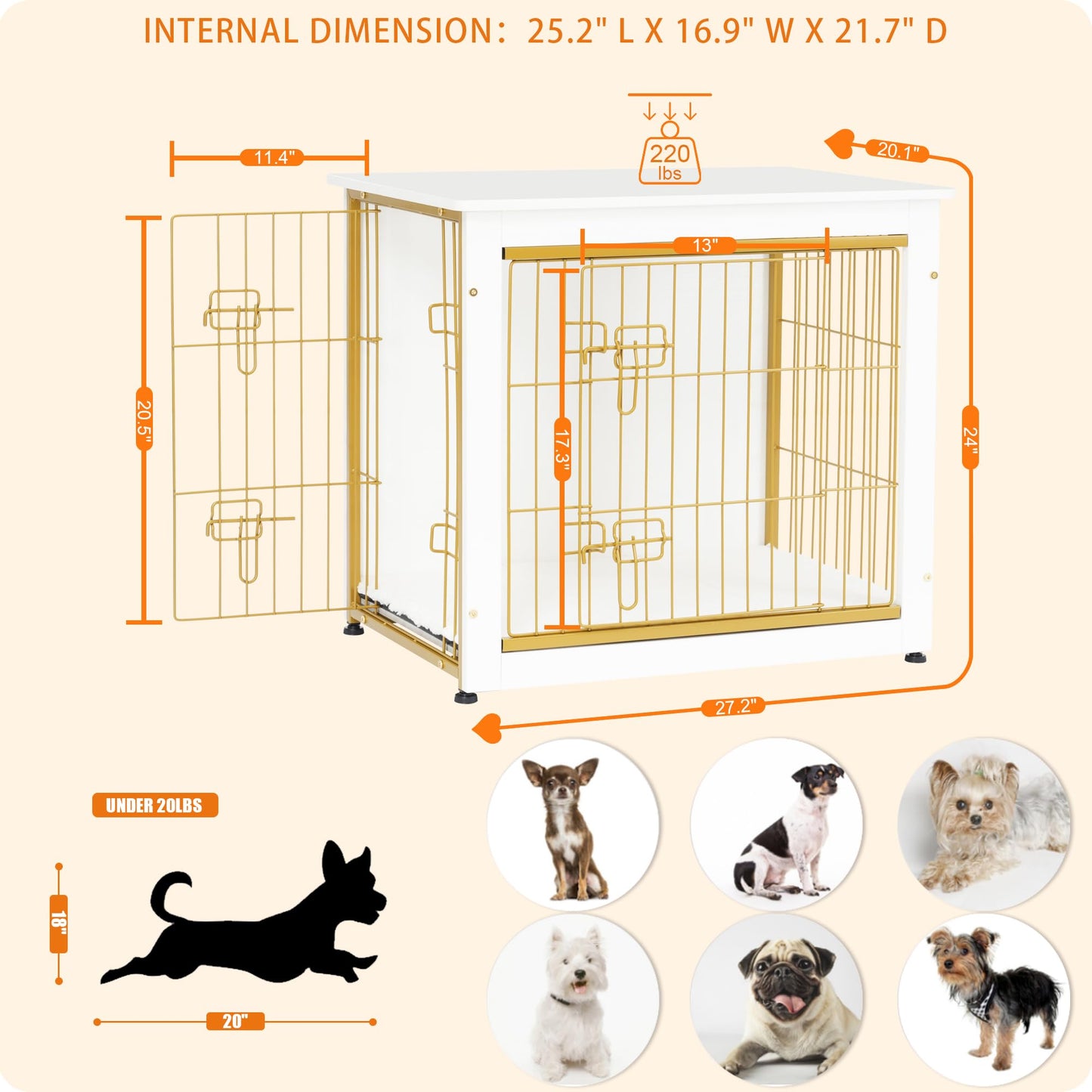 Dwanton Dog Crate Furniture with Cushion — White Wooden Kennel Table, Double Doors, 27.2-inch L