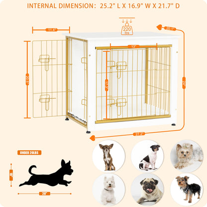 Dwanton Dog Crate Furniture with Cushion — White Wooden Kennel Table, Double Doors, 27.2-inch L