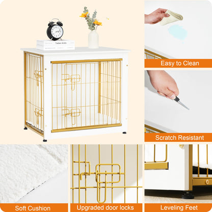 Dwanton Dog Crate Furniture with Cushion — White Wooden Kennel Table, Double Doors, 27.2-inch L