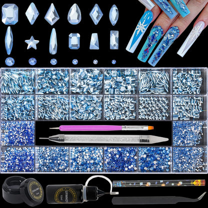 DZHILHMX Nail Rhinestones — 4300+ Light Blue Crystals with Mixed Shapes, Glue Gel & Tools
