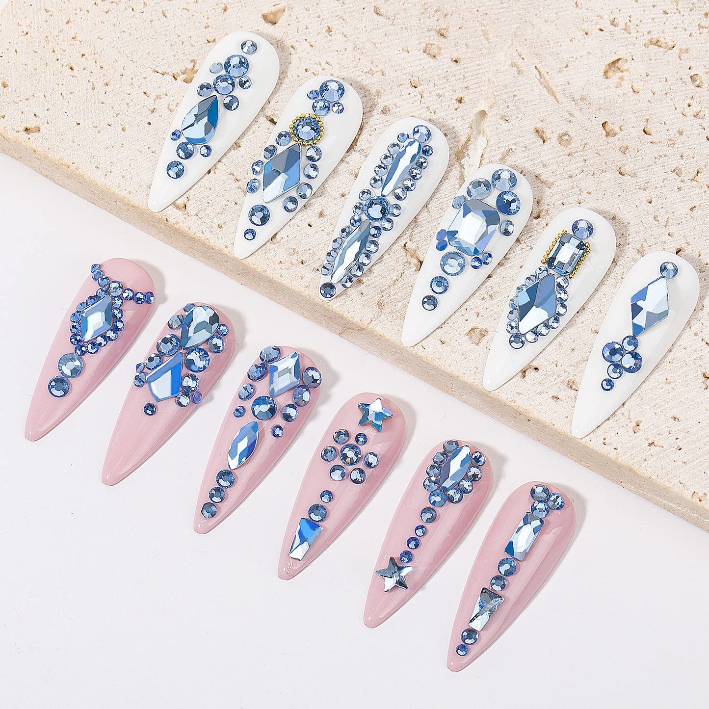 DZHILHMX Nail Rhinestones — 4300+ Light Blue Crystals with Mixed Shapes, Glue Gel & Tools