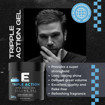 E Elegance Earth Fragrance Triple Action Hair Gel – Strong Hold, Extreme Volume, Long-Lasting Shine | All Hair Types, 33.8 oz