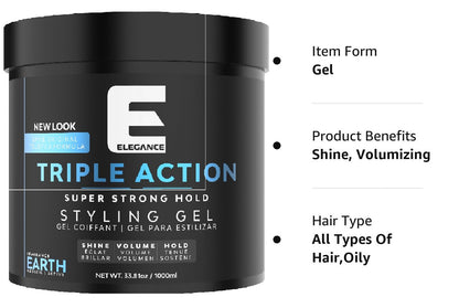 E Elegance Earth Fragrance Triple Action Hair Gel – Strong Hold, Extreme Volume, Long-Lasting Shine | All Hair Types, 33.8 oz