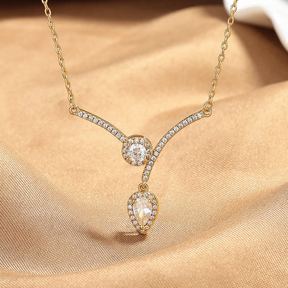 Micro Inlaid Zircon Water Drop V-shaped Necklace