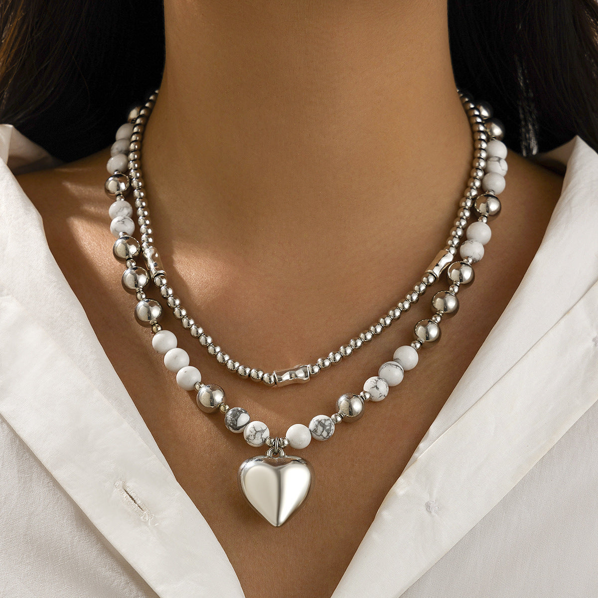 Multi-layer Beaded Heart Necklace & Bracelet Set