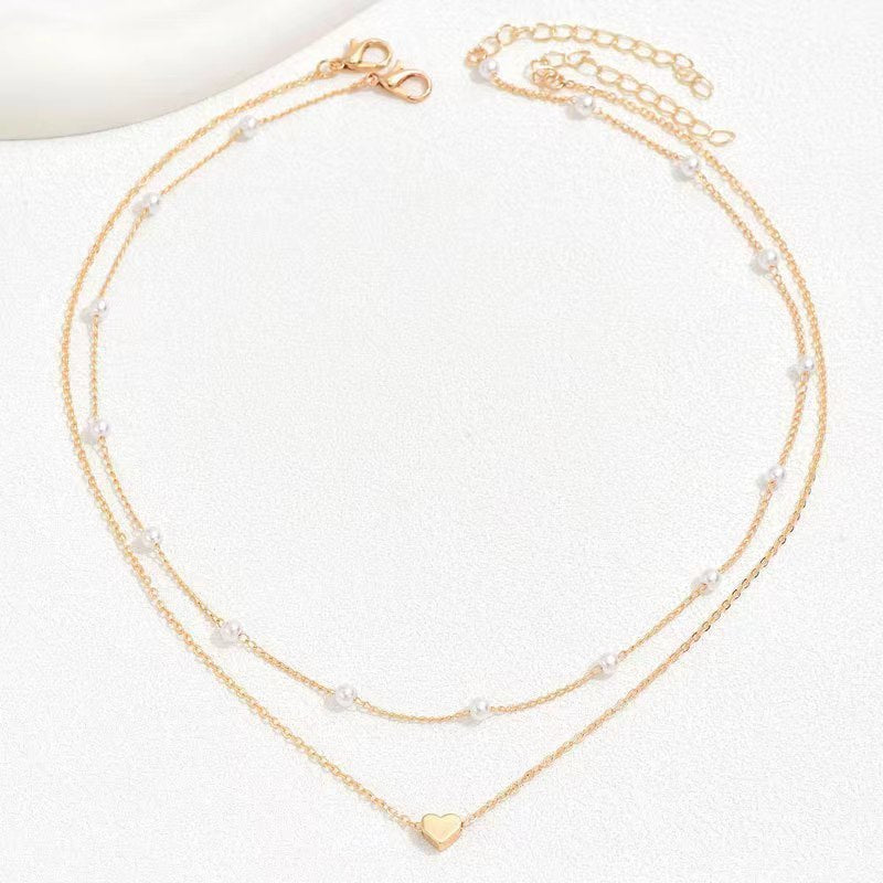 Double Layer Twin Pearl Heart Necklace
