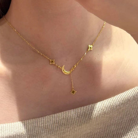Gold Ice Crushing Star & Moon Necklace