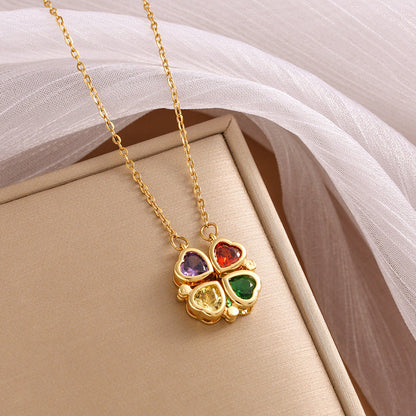 Four-Leaf Coloured Heart Clover Pendant Necklace