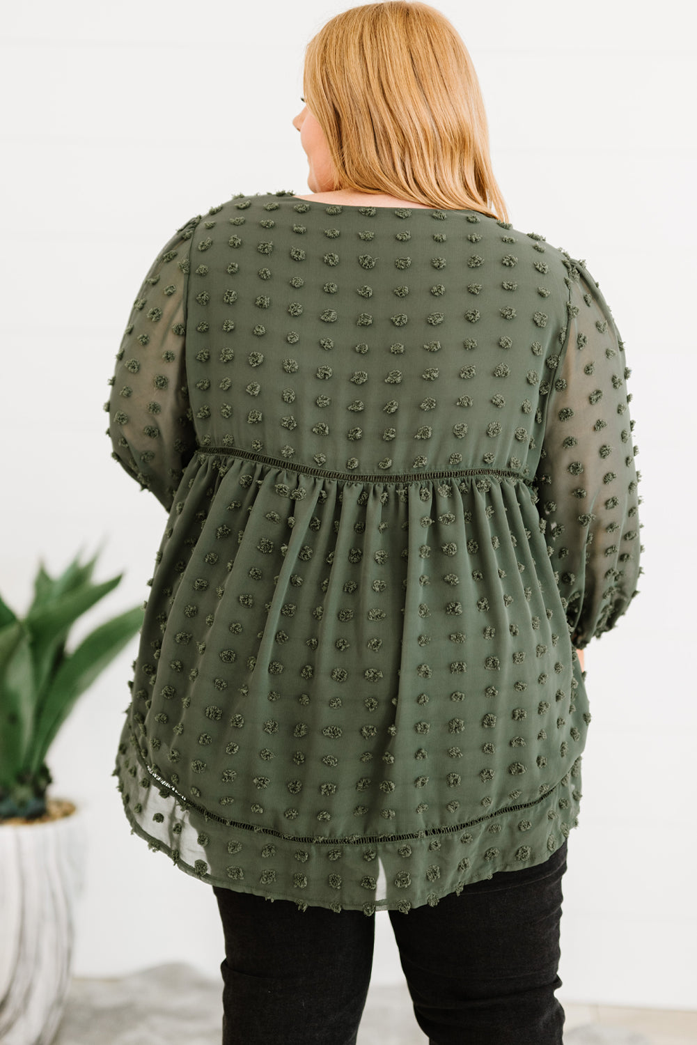 Green Boho V Neck Swiss Dot Bishop Sleeve Plus Size Blouse