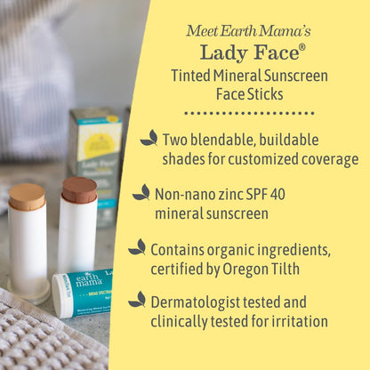 Earth Mama Lady Face SPF 40 Mineral Sunscreen Stick – Medium/Dark Tint (Foundation + Concealer)