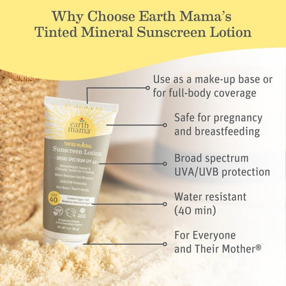 Earth Mama Tinted Mineral Sunscreen Lotion SPF 40 — 3 oz with Organic Argan & Red Raspberry Seed Oil