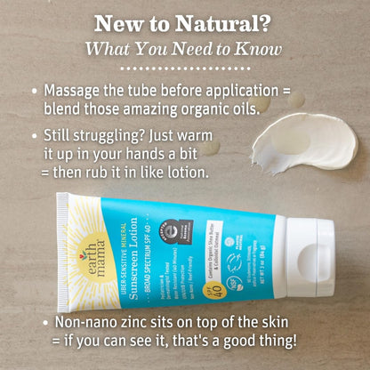 Earth Mama Uber-Sensitive Mineral Sunscreen Lotion SPF 40 - Non-Nano Zinc, Organic Colloidal Oatmeal, 3-Ounce