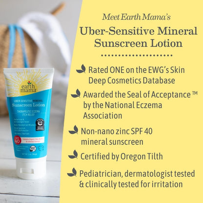 Earth Mama Uber-Sensitive Mineral Sunscreen Lotion SPF 40 - Non-Nano Zinc, Organic Colloidal Oatmeal, 3-Ounce