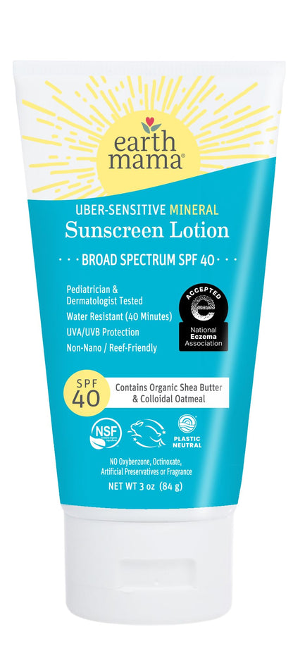Earth Mama Uber-Sensitive Mineral Sunscreen Lotion SPF 40 - Non-Nano Zinc, Organic Colloidal Oatmeal, 3-Ounce