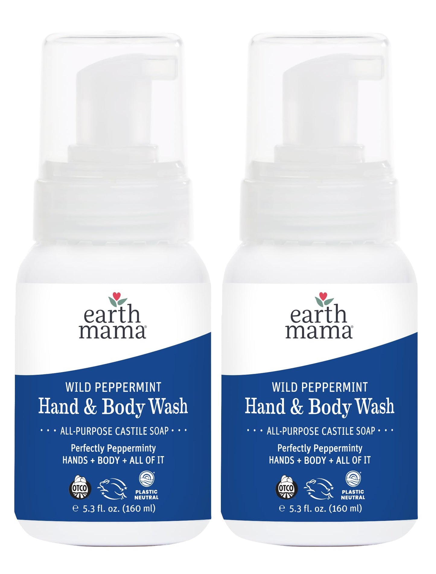 Earth Mama Wild Peppermint Hand & Body Wash | Foaming Castile Soap with Organic Mint & Peppermint Oil | 5.3 fl oz (2-Pack)