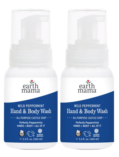 Earth Mama Wild Peppermint Hand & Body Wash | Foaming Castile Soap with Organic Mint & Peppermint Oil | 5.3 fl oz (2-Pack)