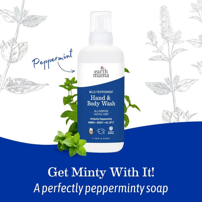 Earth Mama Wild Peppermint Hand & Body Wash — Foaming Castile Soap, Organic Peppermint & Coconut Oil, 34 oz (2-Pack)