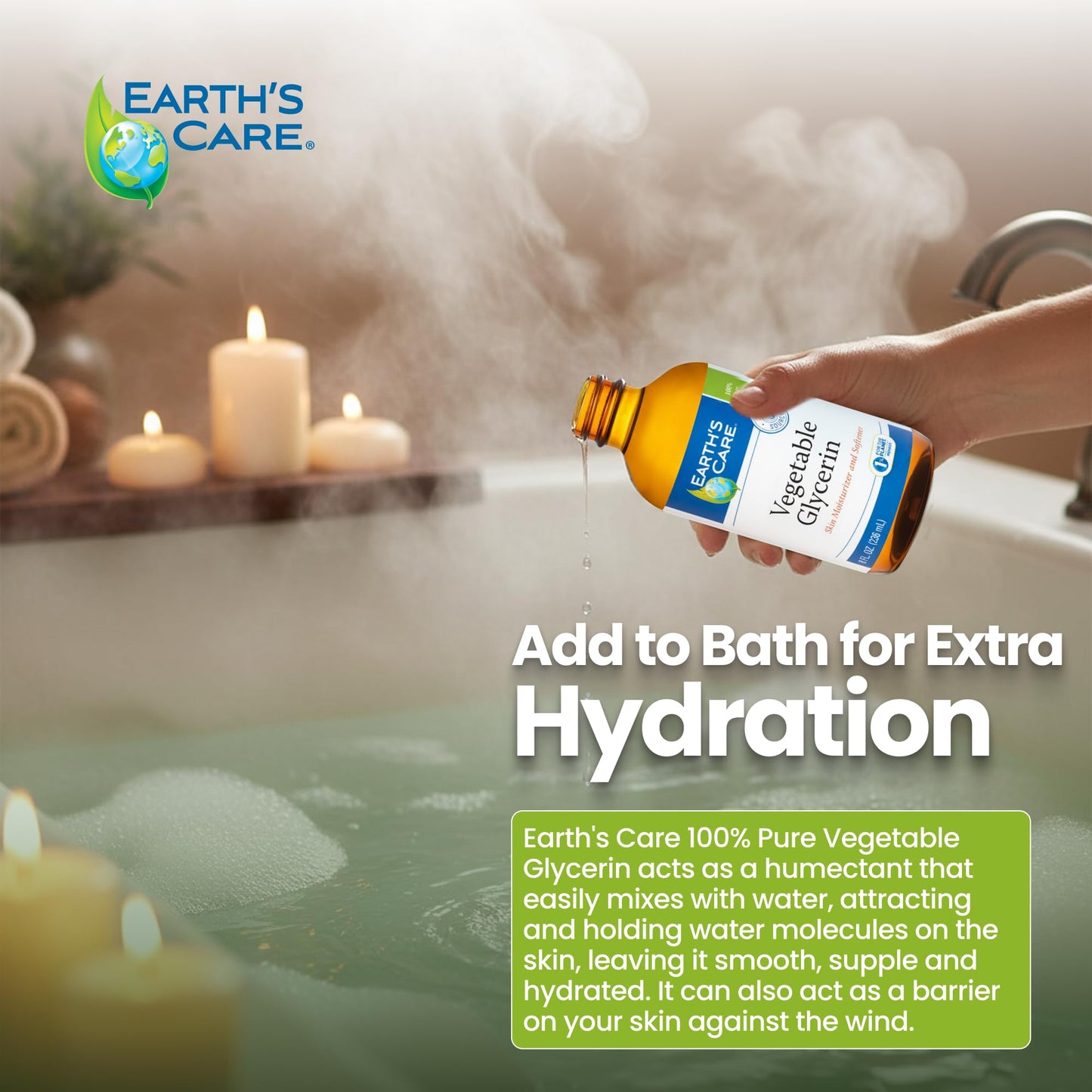 Earth's Care Vegetable Glycerin — 100% Pure Liquid Glycerine for Hair, Skin & DIY | 8 oz Glass Bottle