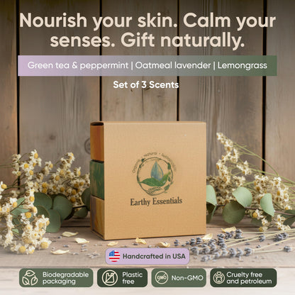 Earthy Essentials Organic Bar Soap Set – Oatmeal Lavender, Lemongrass & Green Tea Peppermint