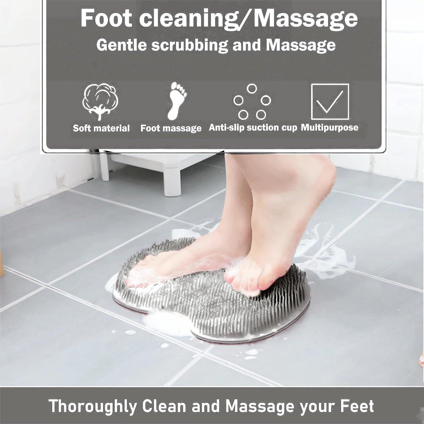 Easkite Shower Foot & Back Scrubber Mat — Wall Mounted Silicone Foot Cleaner with Suction Cups (Grey & Blue)